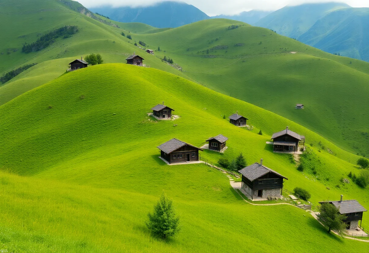 A lush green highland plateau in the Black Sea region of Turkey, with traditional wooden houses.