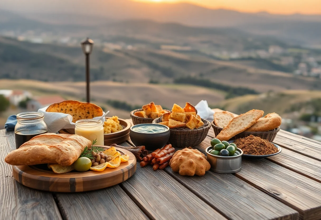 A rustic wooden table laden with traditional Turkish meze, breads, and olives, overlooking a scenic Anatolian landscape at sunset.