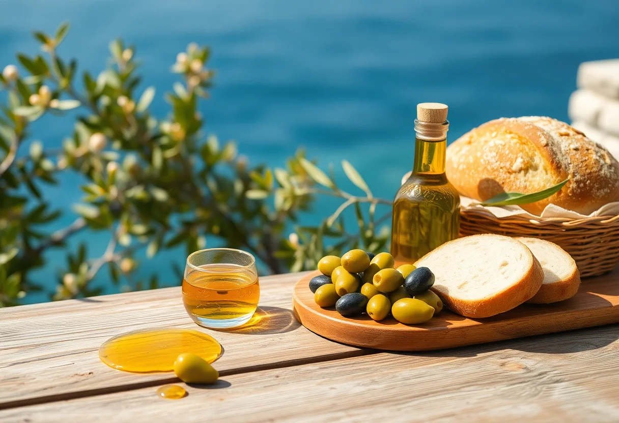 A rustic wooden table with fresh olives, olive oil, and bread overlooking the Aegean sea.