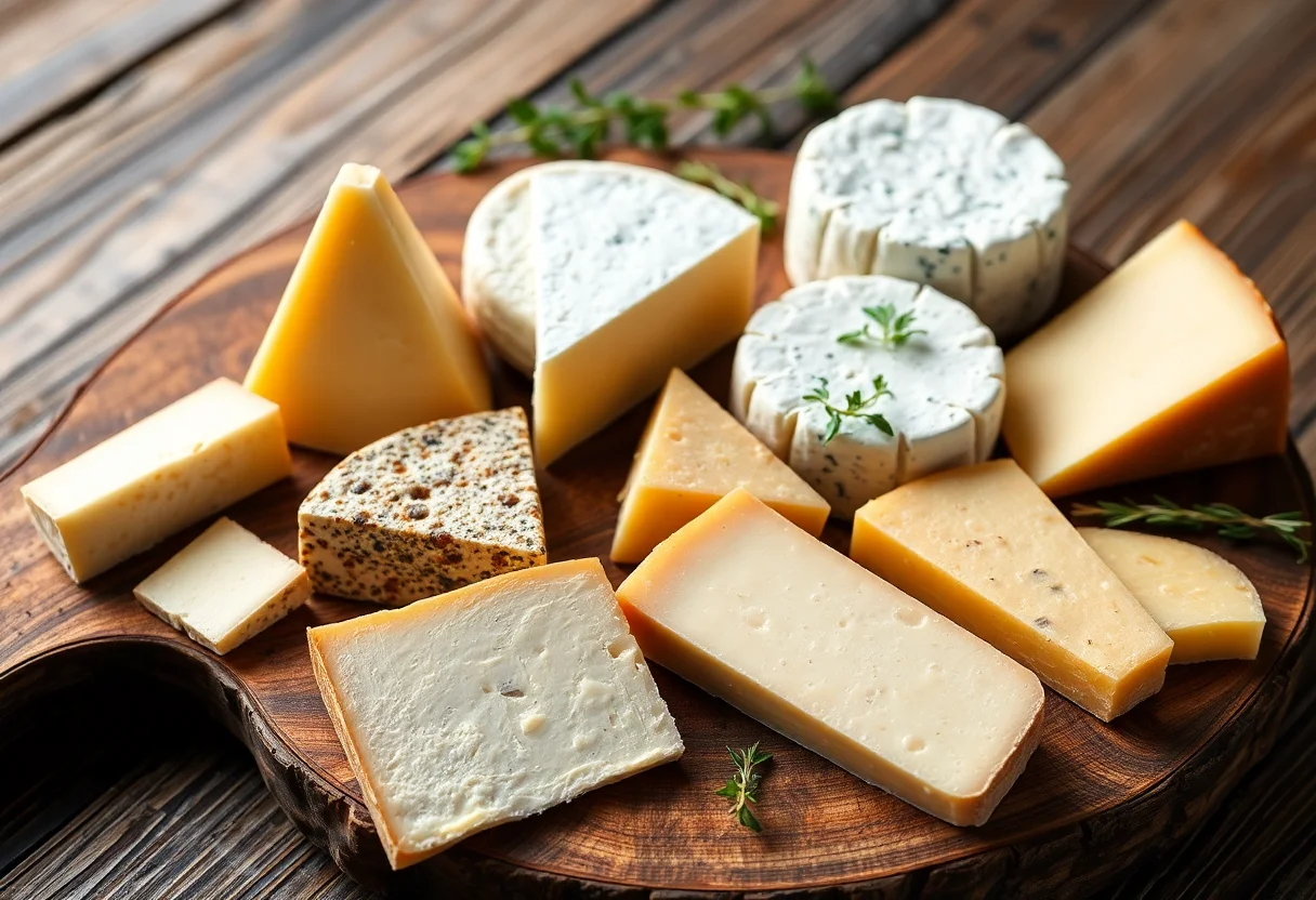 A variety of artisanal cheeses displayed on a rustic wooden board.