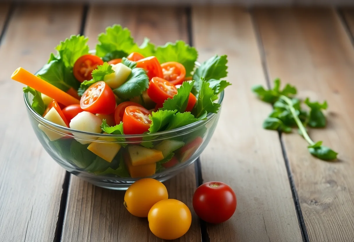 A vibrant and healthy salad bowl with fresh vegetables on a rustic wooden table.