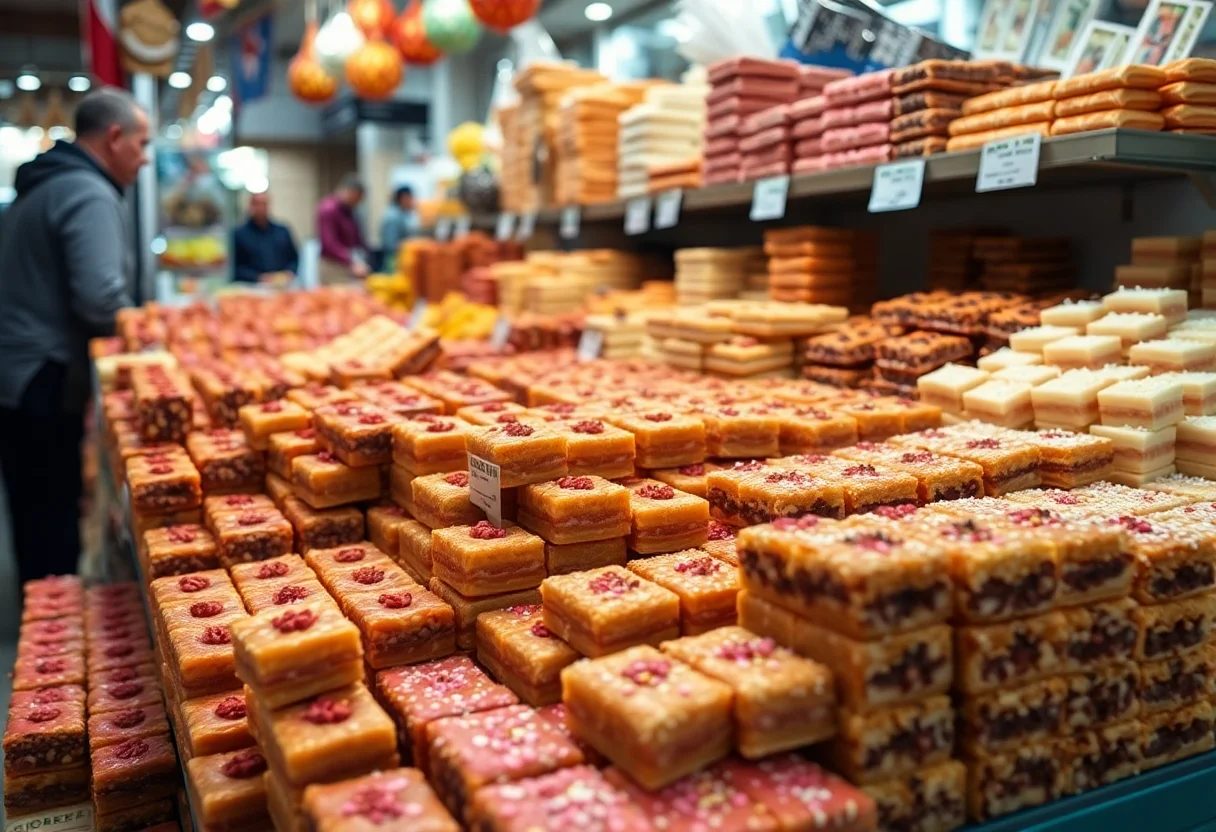 A vibrant display of Turkish baklava and other sweets in a Gaziantep market.