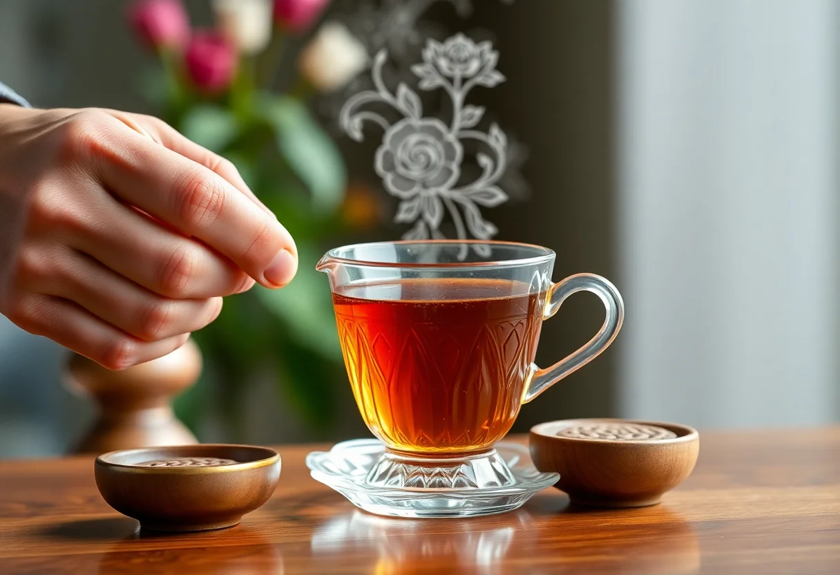 A warm cup of traditional Turkish tea being served, symbolizing hospitality.