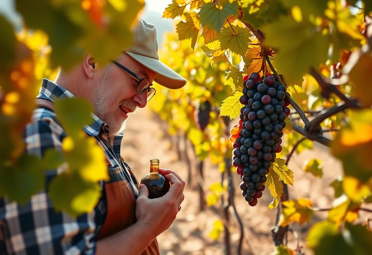 A winemaker inspecting grapes in a sun-drenched vineyard during autumn.