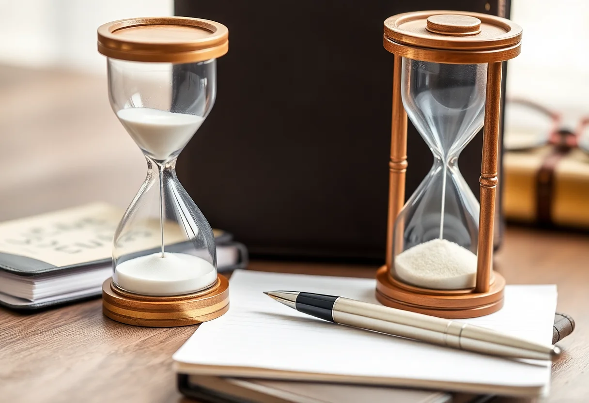 An old-fashioned hourglass next to a travel journal and a pen, symbolizing planning and time.