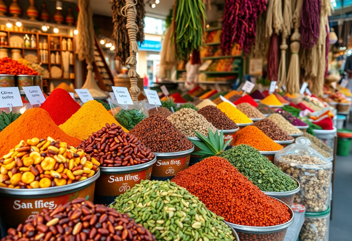 Colorful spices and dried herbs in a bustling, historic market in Southeast Anatolia, Turkey.
