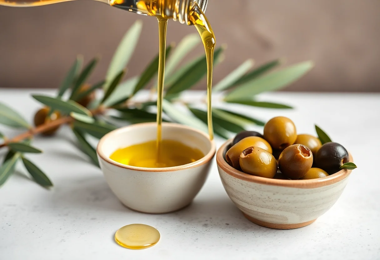 Golden olive oil being poured into a small ceramic bowl next to fresh olives.