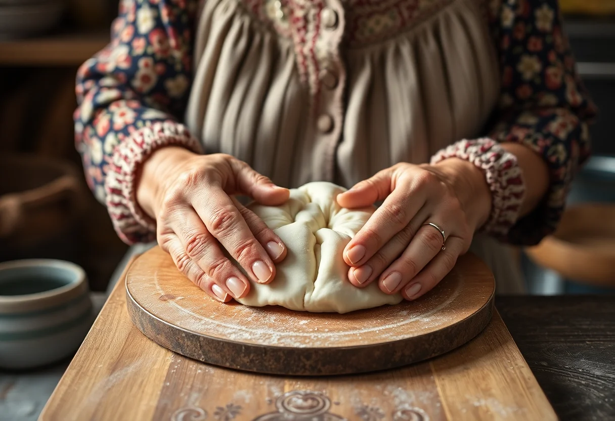 Hands of an elderly Turkish woman carefully shaping dough on a wooden board in a rustic kitchen.