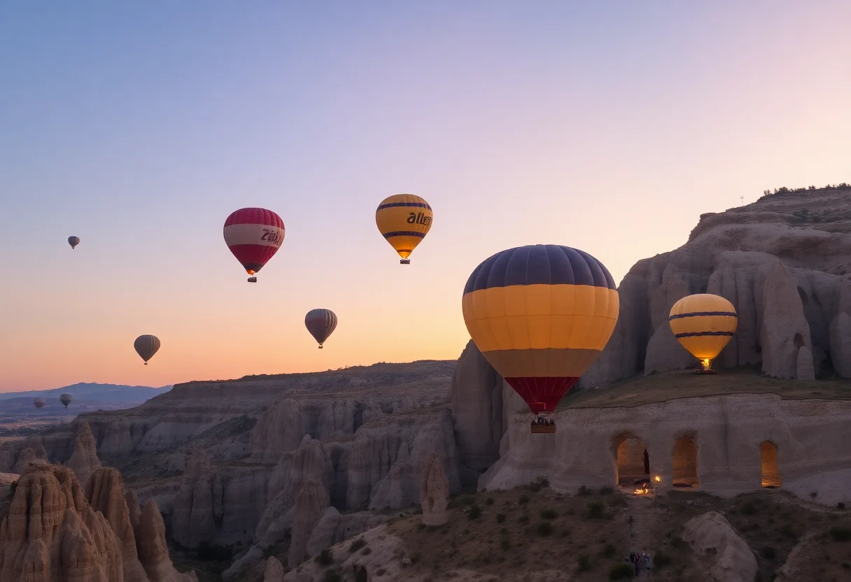 Hot air balloons flying over the unique rock formations of Cappadocia at sunrise.