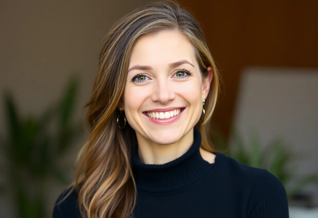 Portrait of a smiling female founder in her late 30s with a warm and welcoming expression.