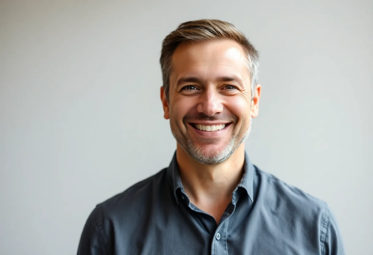 Portrait of a smiling male founder in his early 40s, looking confident and professional.