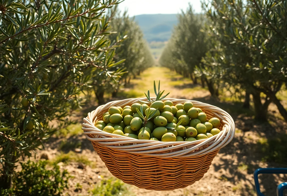 Sun-drenched olive groves in the Aegean region of Turkey with a basket of freshly picked olives.